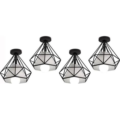 U-Do 4Pcs Plafonnier Luminaire Vintage Lampe Cage forme Diamant en Fer Noir E27 40W pour Salon Cuisine Bar (1/4)