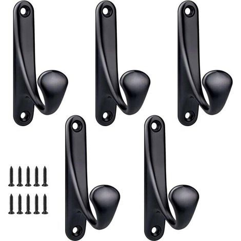 5-Piece Screw-On Wall-Mounted Coat Hooks, Minimalist, Sturdy Zinc Alloy Wall Hooks, Coat Rack for Doorway, Entrance, Bedroom, Bathroom, Multi-Purpose, Hooks and Screws Included - Black (1/5)