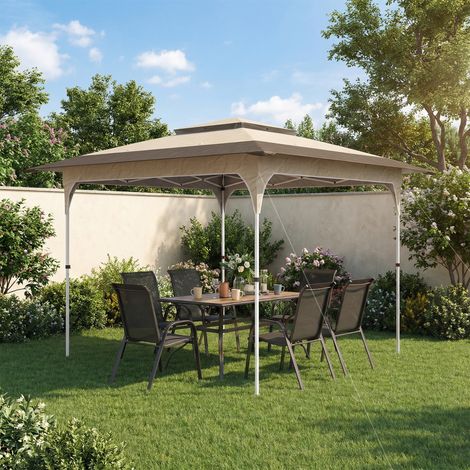 Carpa Plegable 3,5x3,5 m Pop-up con Altura Ajustable 3 Niveles Doble Techo Cierre Central y Bolsa UPF50+ Caqui