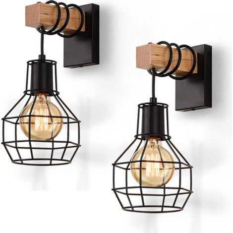 2 pcs Intérieur Cage Applique Murale, Vintage Industrielle Métal et Bois Applique Murale, E27 Base Applique pour Chambre Cuisine Salle À Manger, Noir, 1pc