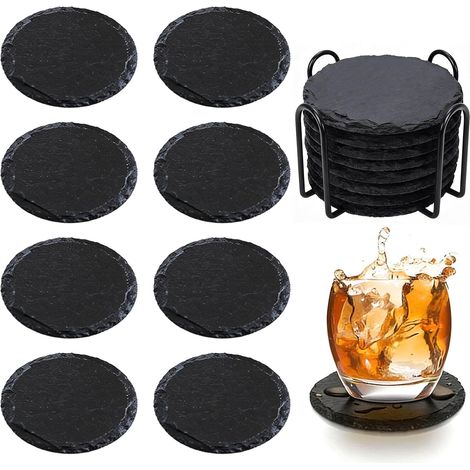 Lot de 8 dessous de verre ronds en ardoise pour la maison, le bureau, la cuisine (1/5)