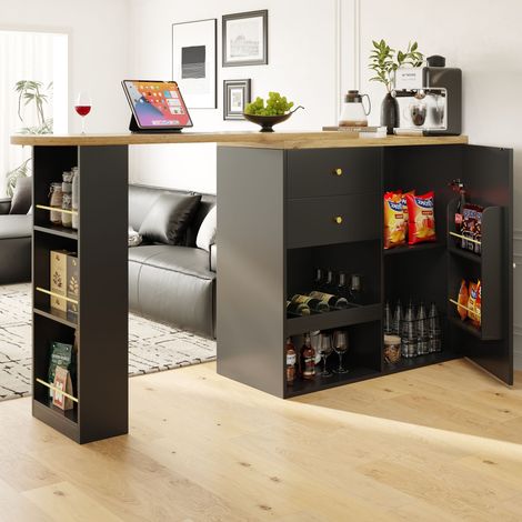 Okwish – Table de bar rotative 360° avec 2 tiroirs et armoire coulissante – 3 niveaux de rangement – MDF haute qualité – 105 x 39 x 102 cm (1/5)