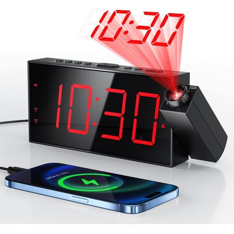 Réveil à Projection, Puissant avec Projecteur Rotatif à 180°, Variateur de Luminosité à 5 Niveaux, écran LED Clair, Chargeur USB, Fonction Snooze, 12/24h (1/5)