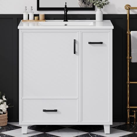 Meuble sous vasque sur pied 76,5x47x82 cm, finition laquée blanche, tiroir latéral à deux niveaux, lavabo céramique intégré, rangement dans la porte, blanc. (1/5)