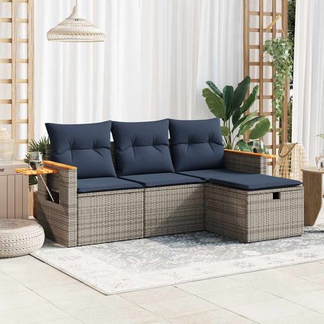 Set de sofás de jardín 4 pzas y cojines ratán sintético gris
