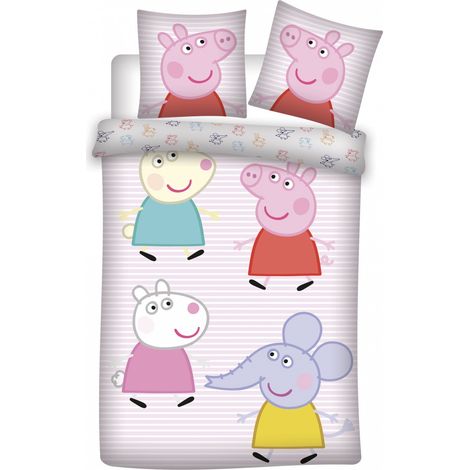 PARURE DE LIT PEPPA PIG 100% COTON - HOUSSE DE COUETTE ROSE LIGNÉE 100X135 CM + TAIE D'OREILLER 40X60 CM