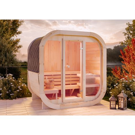FinnTherm Fasssauna ScandiCube Mini XS Fasssauna 2 Sitzbänke aus Holz, Sauna mit 42 mm Wandstärke, Außensauna mit Montagematerial