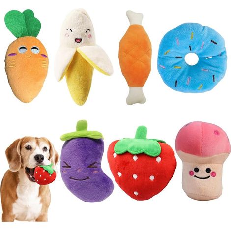 Un ensemble de 7 jouets en peluche couineurs, adaptés aux chiens et aux chiots — fruits, légumes et friandises lavables, adaptés aux chiens de petite et moyenne taille. (1/5)