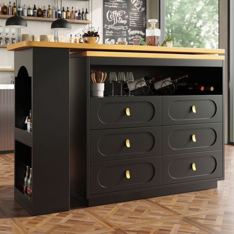 REDOM Meuble bar avec 6 tiroirs 137-203×39×90 cm 1 table conception télescopique et rotative et étagère latérale En MDF noir (1/5)