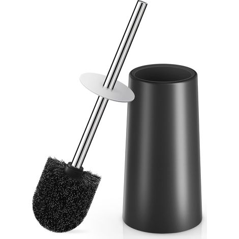 Brosse de toilette noire avec support assorti, ensemble de brosses de nettoyage ergonomiques pour salle de bain, outil de nettoyage ménager compact et élégant pour petites salles de bain modernes.