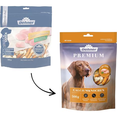 Dehner Spuntino per cani di alta qualità, senza cereali, a basso contenuto di grassi, osso di calcio per cani adulti, avvolto con filetto di petto di pollo, 500 g (1/4)