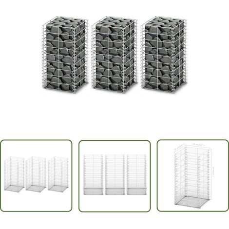 The Living Store Jeu de panier de gabion 3 pcs Fil galvanisé 25x25x50 cm - Panneau De Cloture - Clôture Métallique - Clôture Design - Clôture Moderne - Clôture Jardin (1/4)