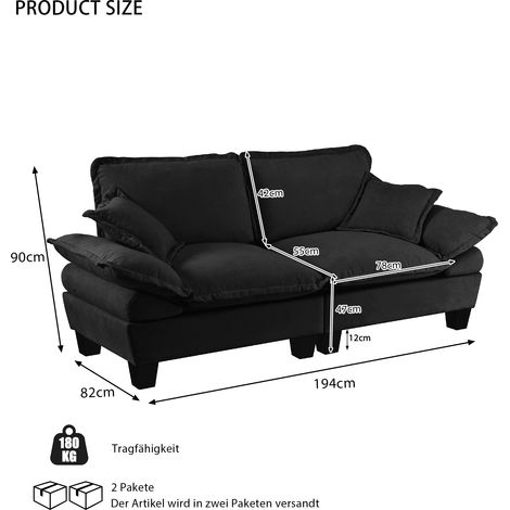 Canapé modulaire 2 places noir en chenille à accoudoirs courbés, confortable et compact pour petit appartement