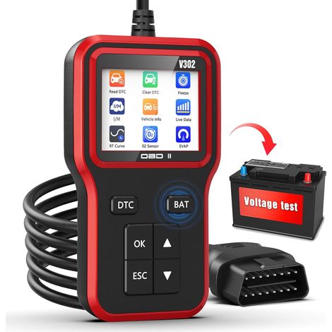 OBD2-Scanner mit erweitertem Batterietester – Kfz-Diagnosegerät zum Prüfen der Motorkontrollleuchte und des Abgasbereitschaftsstatus, liest und löscht den Fehlercode V302 für alle OBD-II-Protokoll-kom