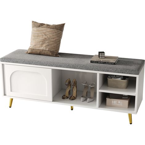 Panca Contenitore 121x35x49 cm Imbottita, con Sportello Rimovibile e Ripiano, Pannello Truciolare Bianco, per Corridoio e Ingresso (1/5)