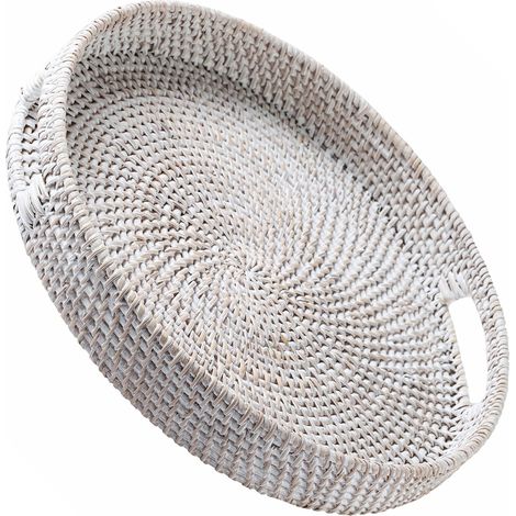 1 Plateau Rotin 34cm, Poignées Intégrées, Osier Tressé, Salon Cuisine, Blanc (1/5)