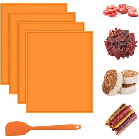 Silikon-Dörrgeräteplatten mit Rand, Antihaft-Dörrgeräte-Einlage, Backmatte für Biskuitrollen-Fruchttrockner mit Schaber (Orange) (1/5)