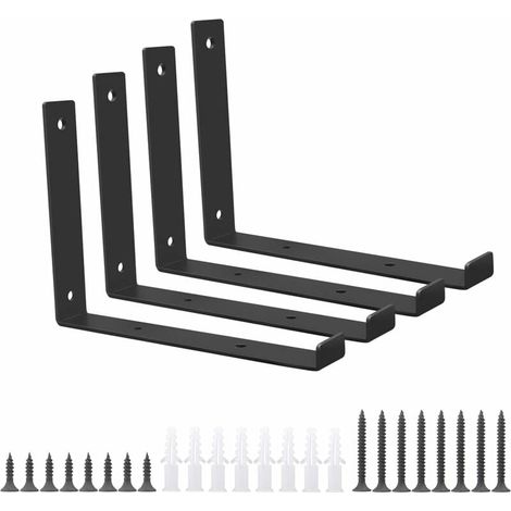 Black Metal Shelf Brackets, Set of 4 Heavy Duty Angled L-Shaped Shelf Brackets 200mm for Wall Mounted Books, Modern Shelf Brackets for Garage Workshop for Home MUMU (1/4)