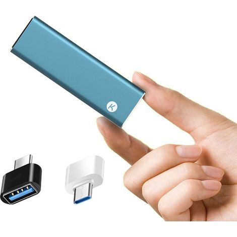 Disque dur externe USB 3.1, SSD portable, 2 To, livré avec 2 adaptateurs, finition mate, boîtier métallique, dimensions 106 x 32 x 9,5 mm, bleu (1/5)