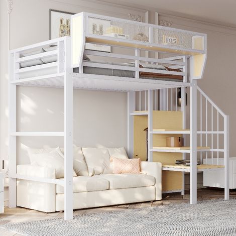 Hochbett 90x200 Weiß Metall mit Stauraum und Sicherheitsleiter, platzsparendes Etagenbett für Erwachsene und Kinder, 120kg Tragfähigkeit (1/5)