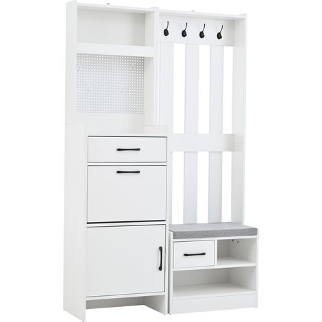 Perchero recibidor 110 x 35 x 175,5 cm con zapatero, 2 cajones, 7 ganchos, blanco (1/5)