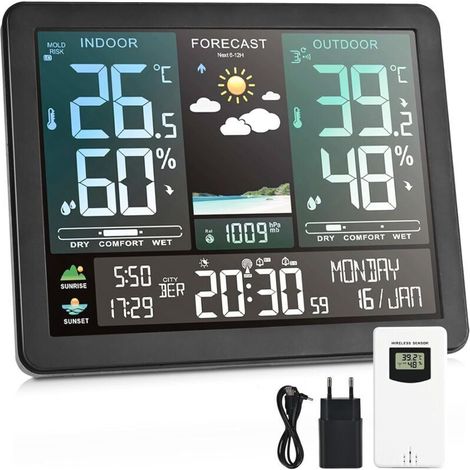 Station météo sans fil avec capteur extérieur et prévisions météorologiques, avec écran VA de 7,4 pouces et capteur extérieur