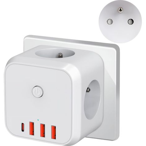 Multiprise Murale 7 en 1, Prise Secteur avec 3 Prises Française 4000W USB C (5v 3A) 3 USB A(5v 2.4A), Cube Chargeur Mural avec Interrupteur Compact pour Bureau Cuisine Chambre Voyage (1/5)