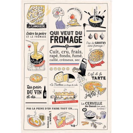 Torchon Essuie-Vaisselle en Coton Écru Motif Fromage et Gastronomie 48 x 72 cm - PANGIVO