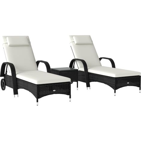 Chaise longue et transat de jardin avec table basse – ensemble de mobilier d’extérieur 3 pièces en polyrotin tressé et structure métallique, coloris noir, blanc et crème (1/5)