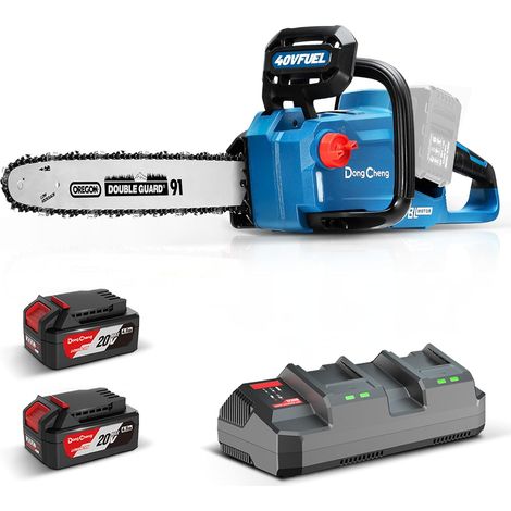 Tronconneuse a batterie 40V, Brushless 1600W, 2×4Ah, 14m/s 38cm de coupe, Puissance 39cc, jusqu'à 120 coupes sur bois 10×10cm, tendeur sans outil, lubrification auto, 40cm guide (1/5)
