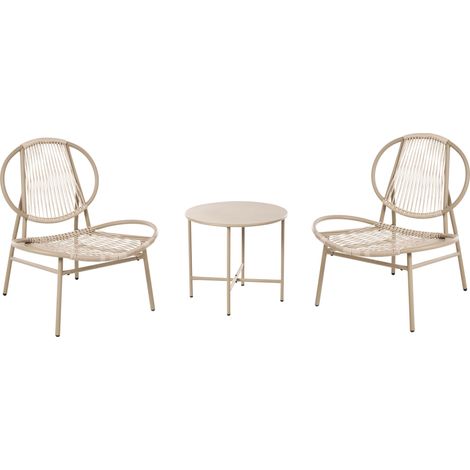 Ensemble de Bistrot Moderne en Rotin PE avec 2 Chaises et Table Basse Ronde en Acier Beige Ovaro (1/5)