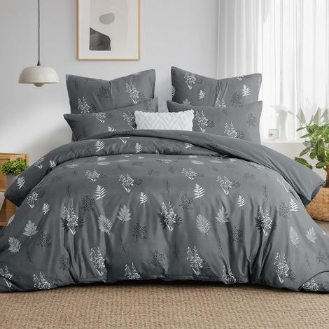 Housse de Couette 220x240 avec 2 Taies d'oreiller 65x65, Fleurs Gris (1/5)