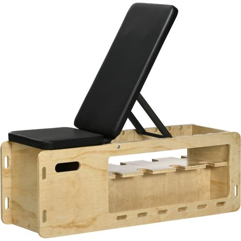 Banco multifunción para pesas con caja contenedora y bandas elásticas de madera natural (1/5)