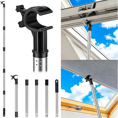 Canne Télescopique pour Stores et Fenêtres De Toit, Perche Telescopique Conçu pour Contrôler les Lucarnes avec Crochet Universel, Robuste en Acier Inoxydable, Télescopique Extensible Jusqu'à 185 cm (1/5)