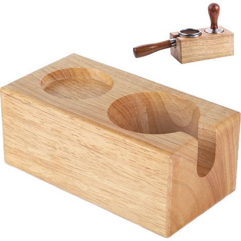 Naturholzfarbe, Holzsockel mit zwei Löchern – externe Halterung für Kaffeefilterhalter, Barthekenfuß, Tamperkissen, Tamper. (1/5)