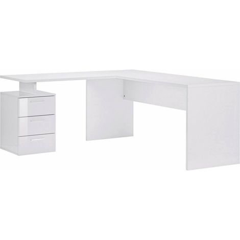 Dmora Scrivania ad angolo, Made in Italy, Tavolo da computer minimal, Scrittoio porta PC, cm 160x60h75, colore Bianco lucido, con imballo rinforzato (1/5)