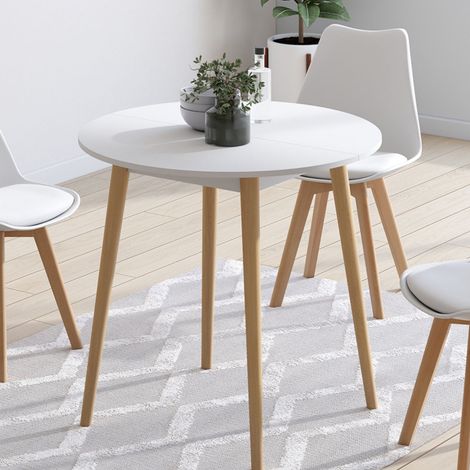 ANGELA Mesa de comedor redonda para 4 personas patas de madera blanca 80 cm