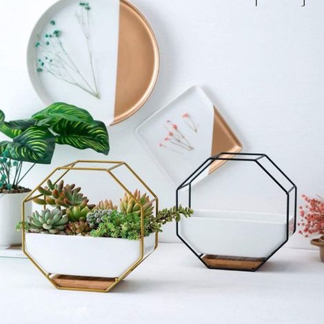 Jardinière Murale - Céramique Et Fer Revêtu De Laiton - Pour Plantes Succulentes Et Cactus - Avec Plateau En Bambou - 1 Pièce (1/5)