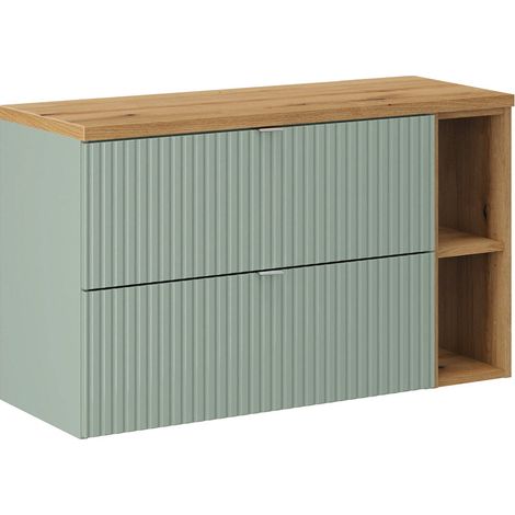 Meuble sous-vasque 100cm 2 tiroirs 2 niches Jade Vert et Bois (1/4)