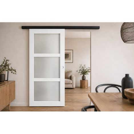 Porte Coulissante Kenya Blanc Vitrée H204 X L73 Cm, Rail Alu Bandeau Noir, Coquilles Blanc Gd Menuiseries (1/5)