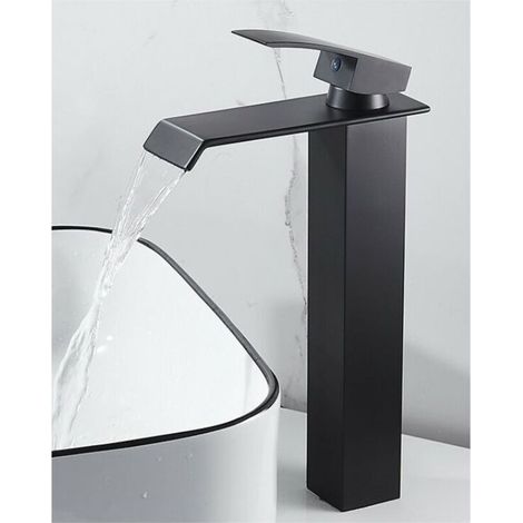 LAN Robinet Salle de Bain Noir Mitigeur Lavabo Haut Grand,Design Créatif Moderne Robinet de Lavabo Monotrou,Laiton Pure,Noir Mat (1/4)
