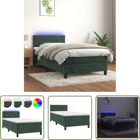 The Living Store Sommier à lattes de lit et matelas et LED Vert foncé 90x190 cm - Lit Plateforme - Lit Velours - Lit Design - Lit Avec Led - Sommier Tapissier (1/5)