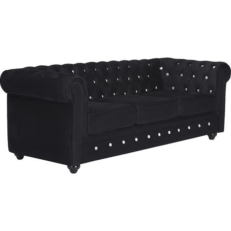 Vente-Unique – Canapé 3 places convertible Chesterfield – Velours noir – Dossier capitonné – Assise déhoussable – Confort équilibré – Charge max 360 kg (1/5)