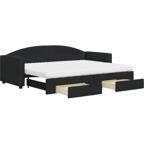 Canapé-lit en tissu noir avec matelas gigogne et tiroirs, 80 x 200 cm (1/5)