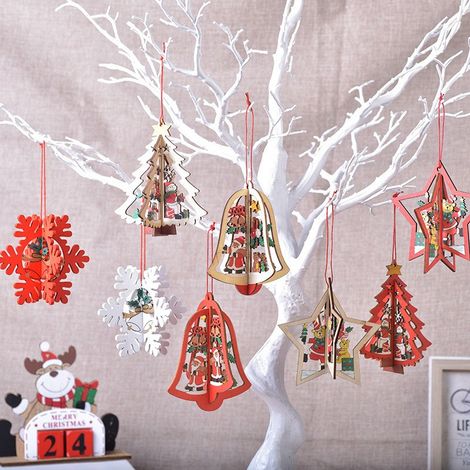 Set di 24 decorazioni natalizie, decorazioni in legno traforato 3D a forma di fiocco di neve, decorazioni a campana per albero di Natale, 3 mm (1/5)