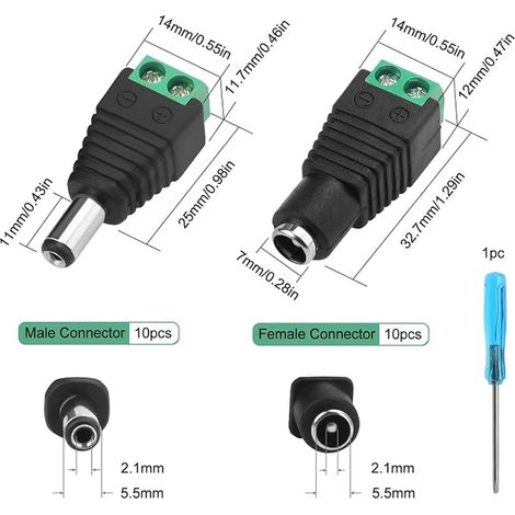 5.5 X 2.1mm 12V DC Connecteur d'alimentation Mâle et Femelle, DC Alimentation Fiche Prise Adaptateur Vis Borne Connecteur, CCTV Caméra LED Bande