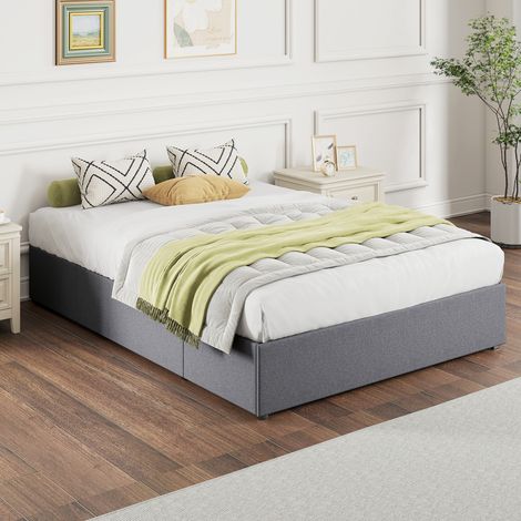 Letto contenitore 140 x 190 cm, struttura letto matrimoniale imbottita con 3 cassetti, rete a doghe in LVL, silenzioso, grigio