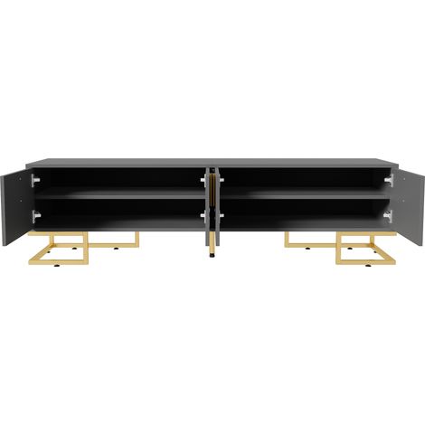 Mueble TV bajo 170 cm gris oscuro con 4 puertas, tiradores y patas doradas, de aglomerado (1/5)