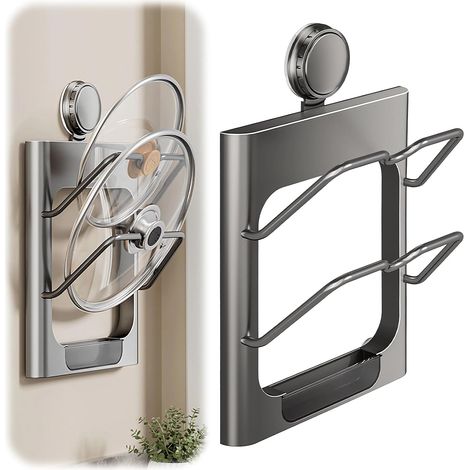 Organiseur de couvercle de pot à ventouse, support mural pratique pour couvercle de casserole à l'intérieur, avec plat à eau, sans perçage, pour le rangement de cuisine (gris) (1/5)