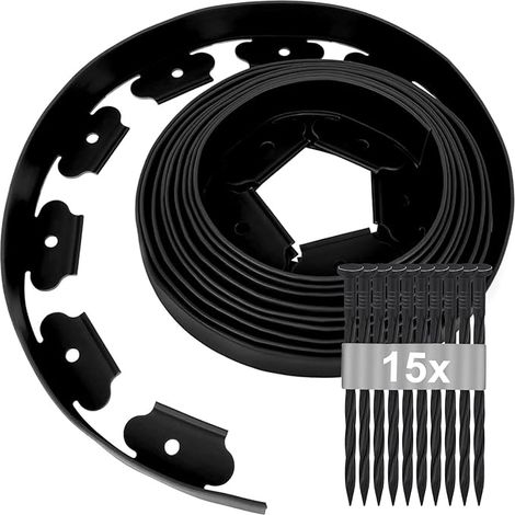 Bordure de Jardin Flexible 5m × 5cm 15 Piquets d'ancrage Plastique Bordurette de Pelouse Gazon (Noir) (1/5)